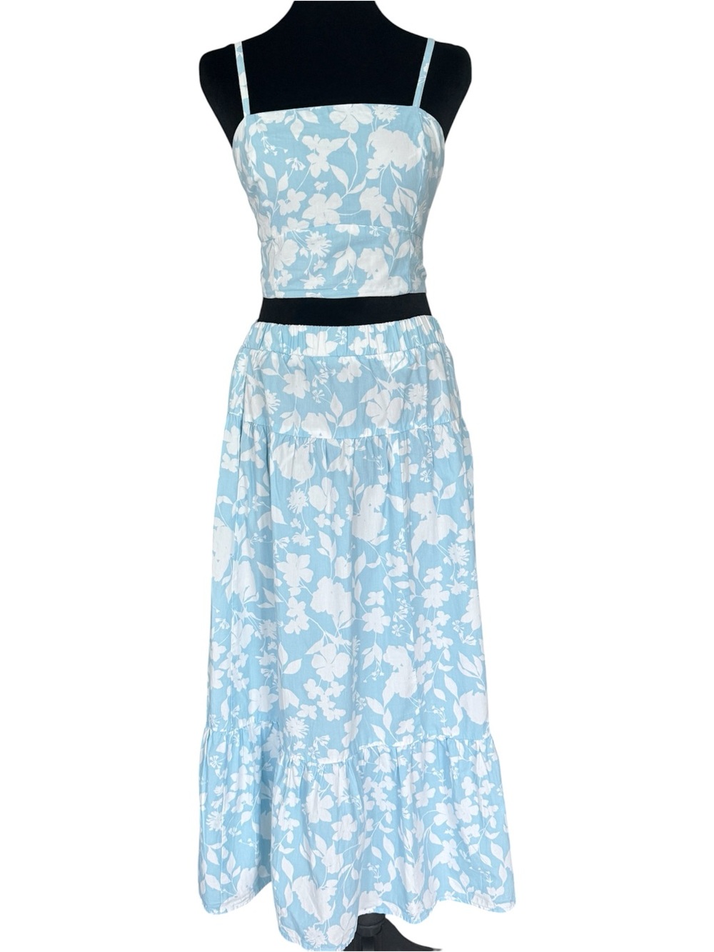 Japra Women’s Floral White And Blue Maxi Skirt And Top Summer  Set. Size S